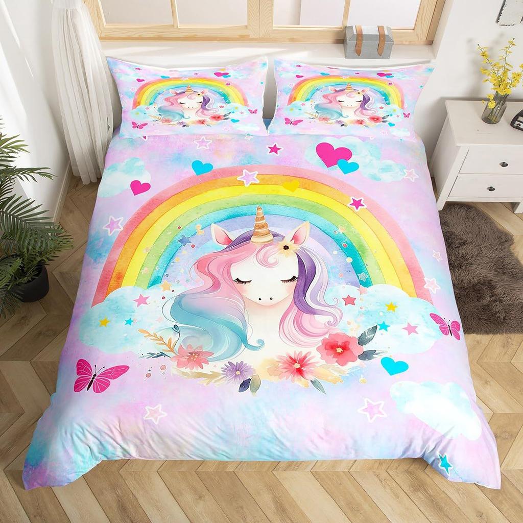 Dreamy Unicorn Duvet Cover Set Queen Size3 Pcs Rainbow Starry Sky Bedding Sets Pink Blue Unicorn Comforter Cover Set For Kids