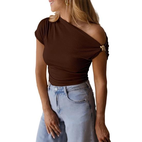 Women T-shirt Soft Stretchy Regular Fit Sloping Shoulder Short Sleeve Pullover Tops with Metal Design Party Vacation Casual Wear