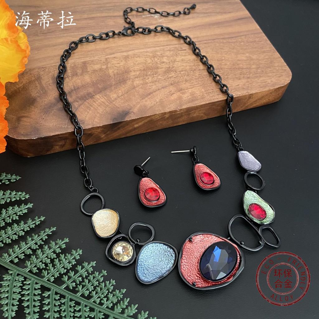 Luxury Hot Sale Color Oil Irregular Oval Necklace Earrings Set Fashion High Sense Ladies Set Gift