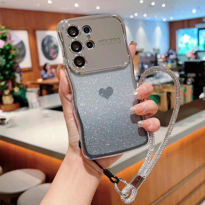 Electroplating wave large window is suitable for Samsung S25 mobile phone case GalaxyS24 love glitter lanyard protective case