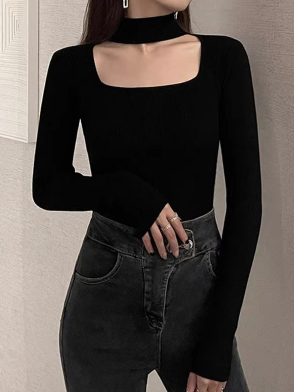 

Spicy Girl Stylish U-neck Long Sleeve Slimming Top - Women s Autumn Solid Color Figure-Flattering Shirt Small