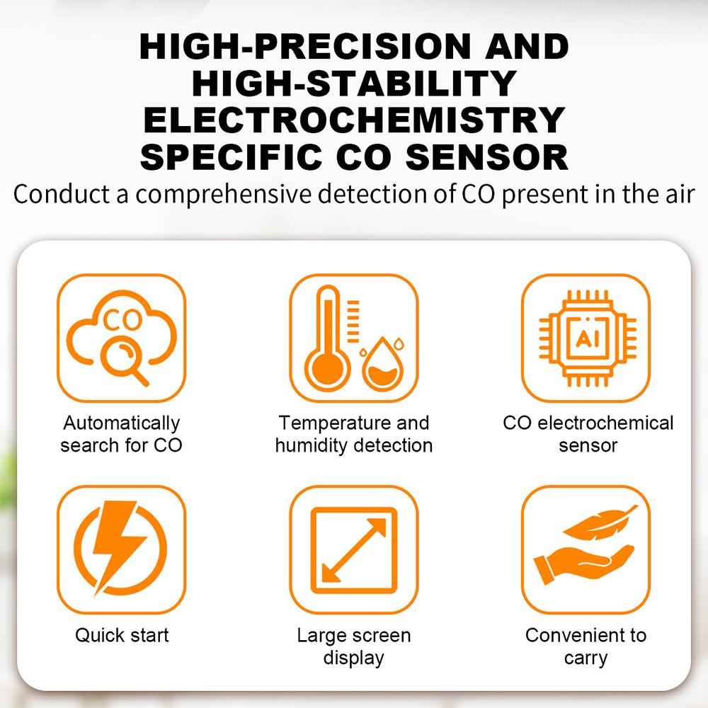 Portable Carbon Monoxide Detector CO Gas Alarm with Temp Humidity Monitor Digital Air Quality Tester Rechargeable Indoor Outdoor