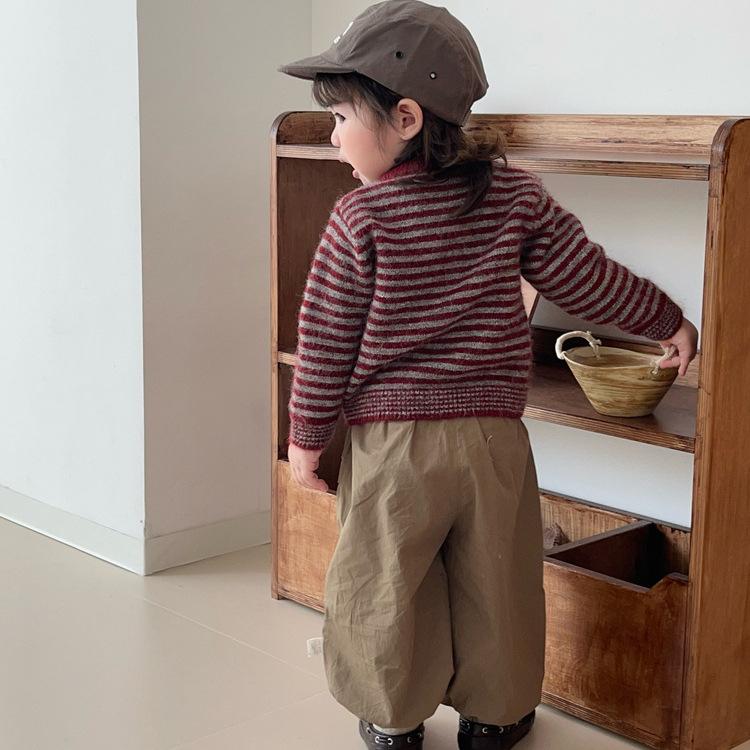 Baby Autumn Striped Knitted Cardigan Korean Children'S Retro Burgundy Crew Neck Sweater Men'S And Women'S Treasure Spring And Autumn Coat