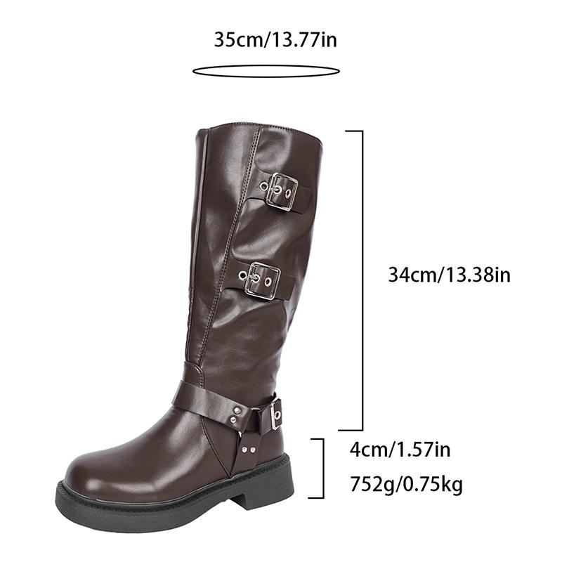 Fashion Women's Adjustable Buckle Riding Boots with Side Zipper Fashion Black PU Leather Knee High Boots Women Autumn Winter Long Botas