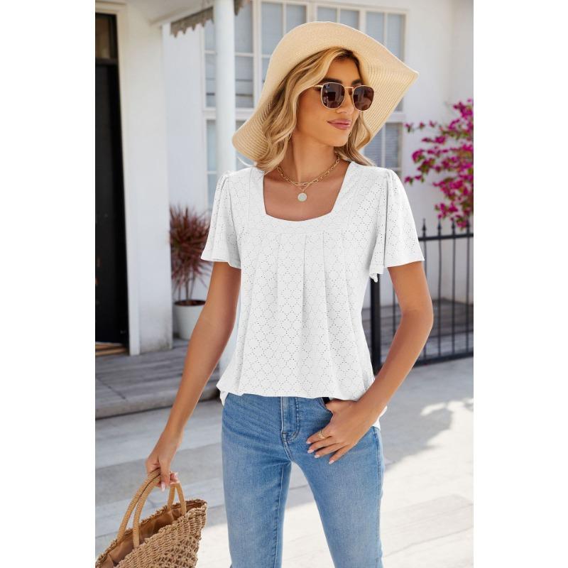 Women's Fashion Casual Summer Spring Solid Color Print Short Sleeve Square Collar Blouses & Shirts