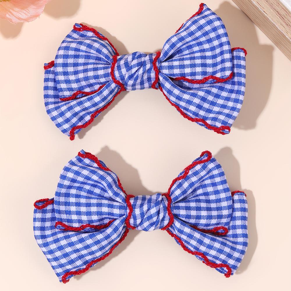 2Pcs Lovely Handmade Fabric Plaid Barrette Hair Bow Clip with Moonstitch Edge Hair Clip School Gingham Headdress