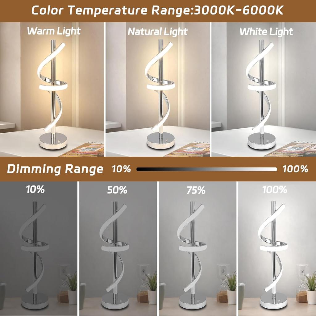 LED Modern Table Lamp, Dimmable Spiral LED Table Lamp, 3 Colors Touch Control LED Bedside Lamp, Silver Unique Cool Lamps for Home Decor, Modern