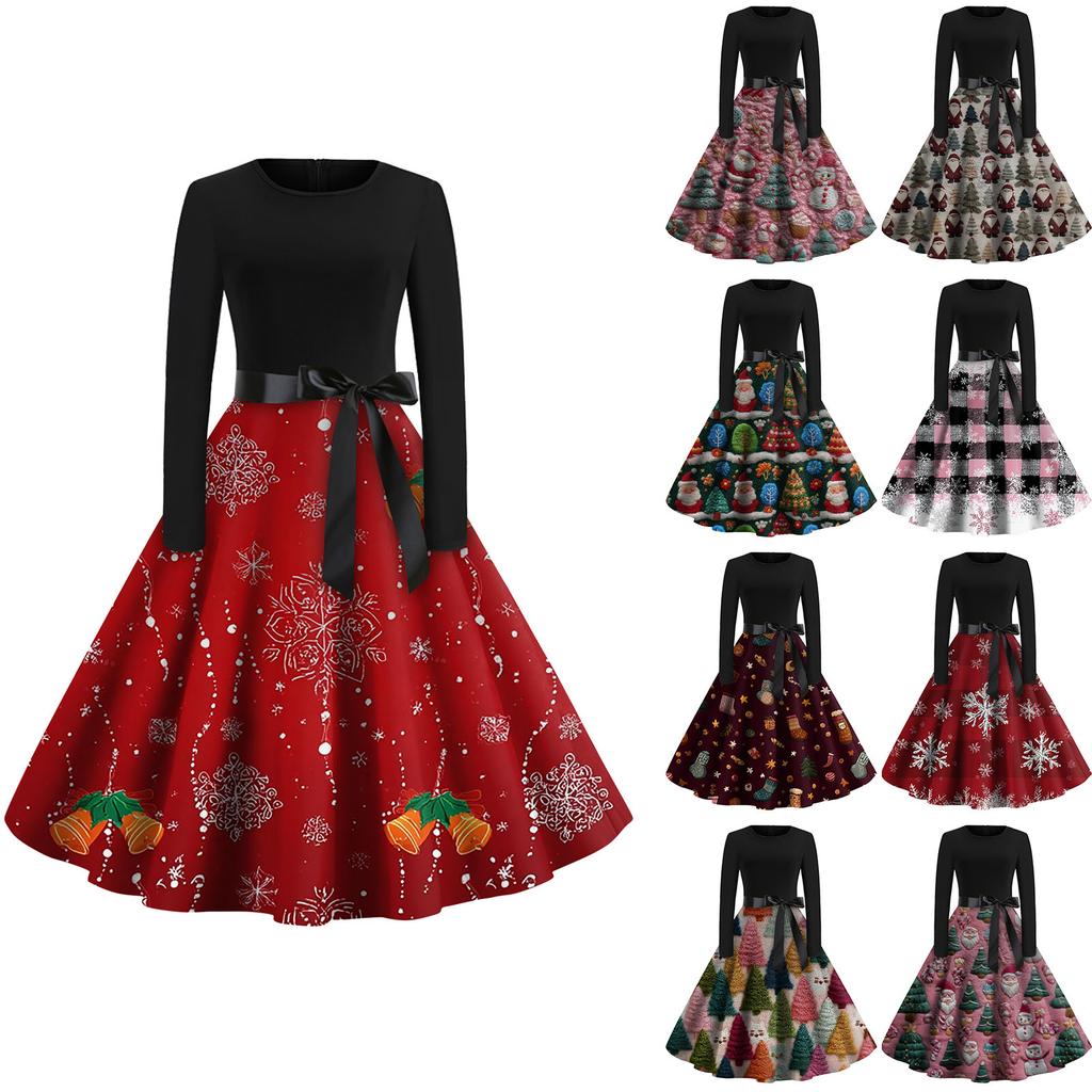 Dámské módní kulaté ležérní slim fit šaty s vánočním potiskem, velké kolové, s dlouhým rukávem