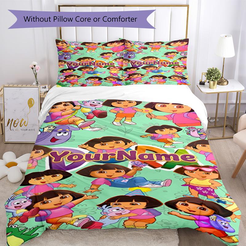 Dora Explorer Customize Your Name Bedding Set Breathable Duvet Cover with Pillowcases Home Decoration Birthday Gift