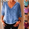 Women's Fashion Casual Solid Color Print Long Sleeve V Neck Blouses & Shirts