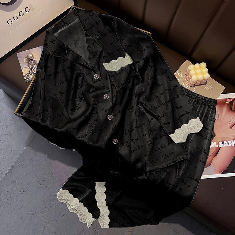 Ice Silk Thin Style Women'S Long-Sleeved Pajamas Spring And Autumn Cartoon Brown Puppy Polka Dot Print Loungewear