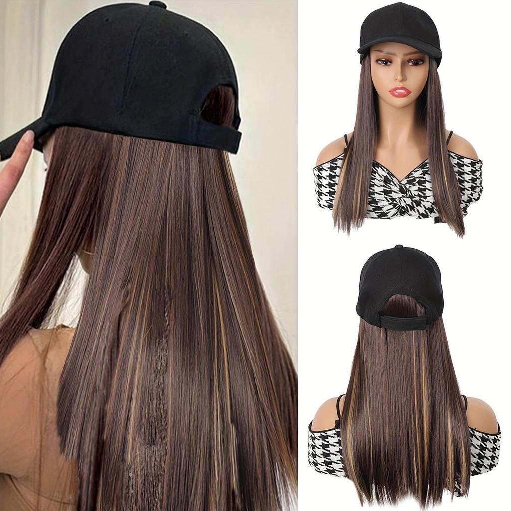 Elegant Women'S Black Baseball Cap With Adjustable Hat Wig - Long Straight Synthetic Hair, One Piece