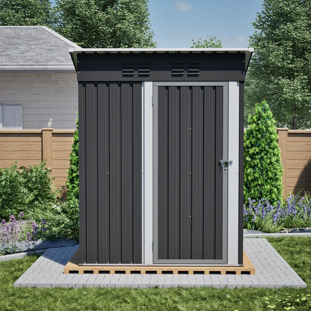 Capanno da Giardino Tetto Piano 152x84x182 cm, Capanno Attrezzi con Porta in Metallo Chiusurabile, Senza Finestra, 1,27 m² di Spazio di Stoccaggio, Design Resistente alle Intemperie per Attrezzi da Giardino, Nero