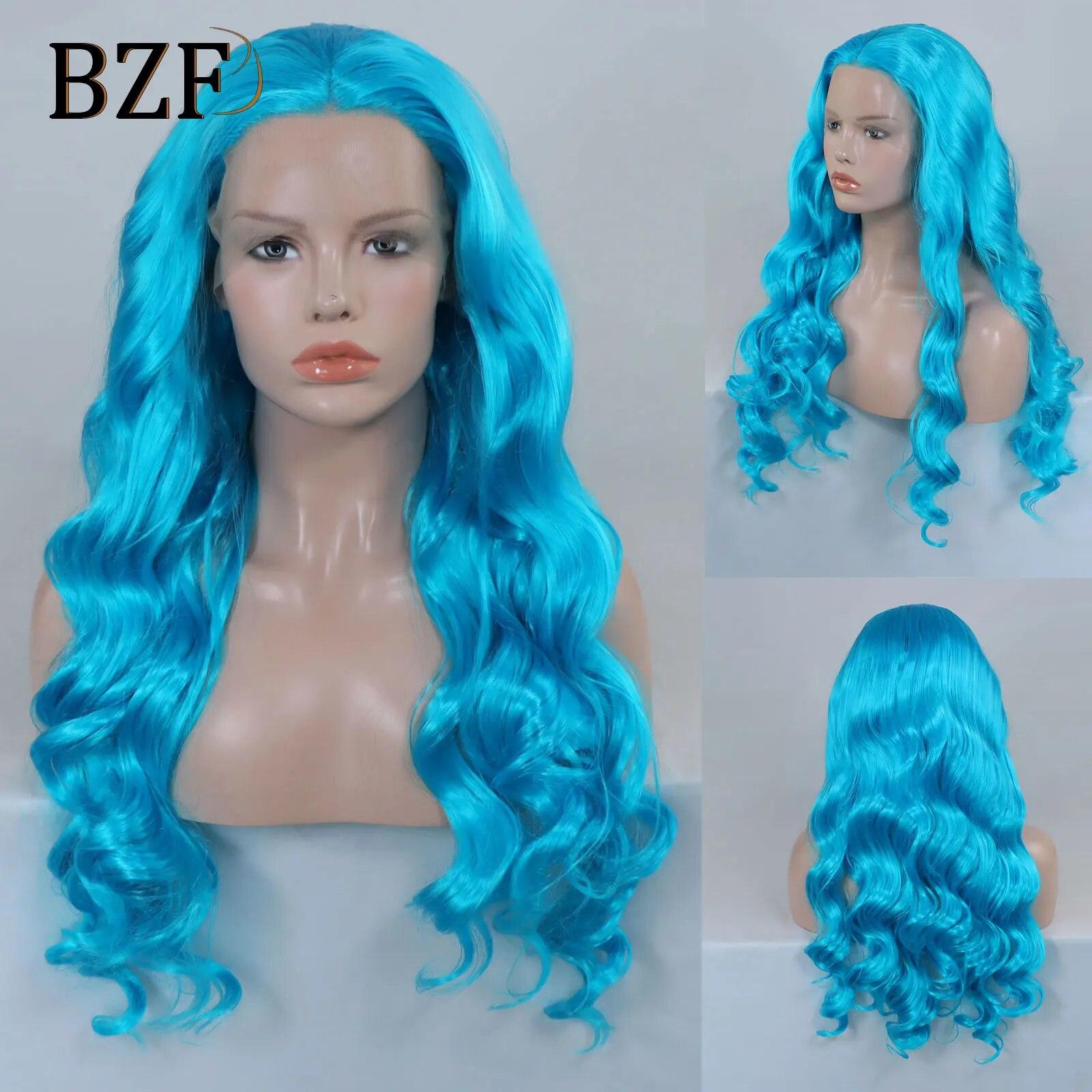 

Синие волнистые парики спереди для женщин, косплей, цветной парик с объемной волной, парик плотности 150, бесклеевой синтетический парик 13x3, прозрачное кружево 26inches-150 Density синий