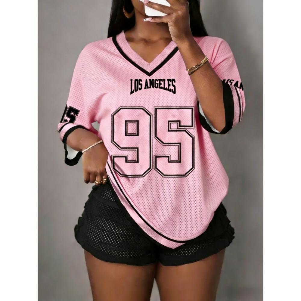 Women's Los Angeles NO.95 Print V-Neck Short Sleeve Hole Mesh T-Shirt Summer Tee Baseball Jerseys Sport T-Shirts