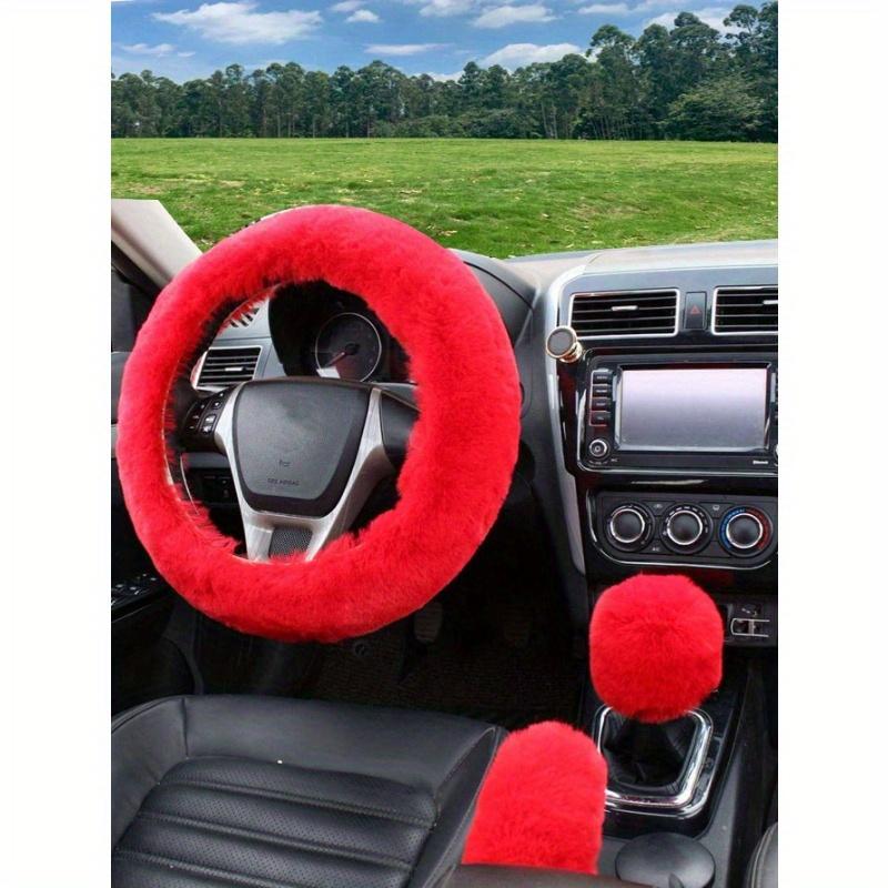 

3 шт. Комплект однотонных пушистых чехлов на руль, ручной тормоз и рычаг переключения передач one-size красный