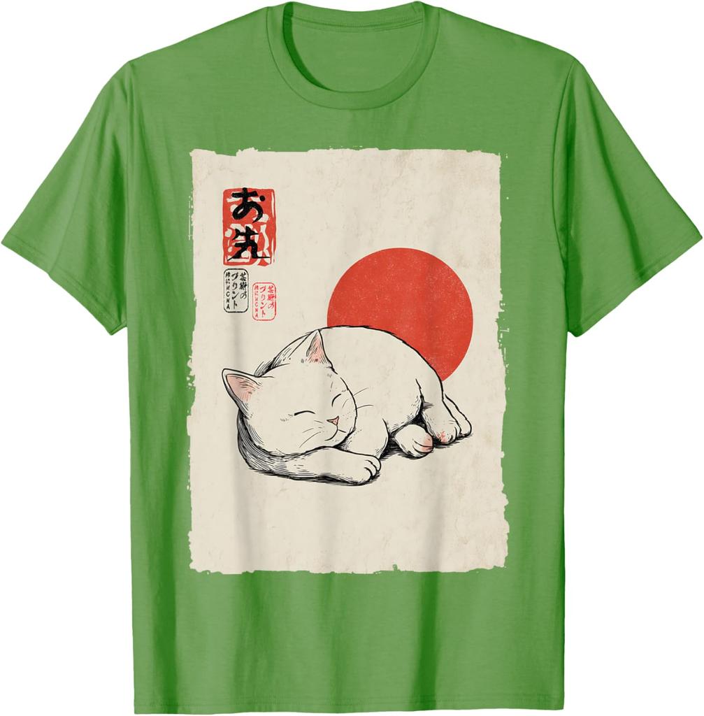 Gatto Bianco Dormiente Arte Giapponese Stile Ukiyo E Maglietta Grafica Casual in Cotone