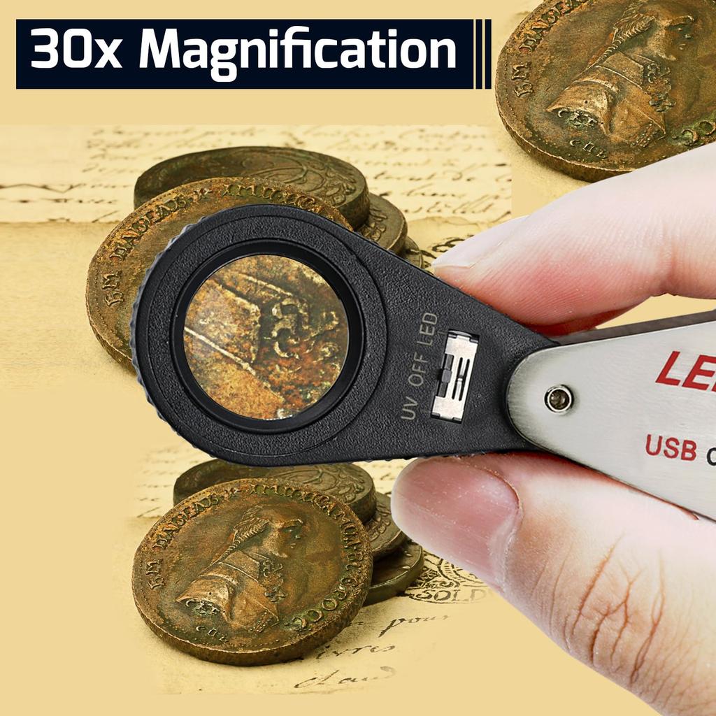 Beleuchtete Schmucklupe 30x Wiederaufladbare Faltbare Schmucklupe mit 6 LEDs UV-Licht für und mehr Glas, Vergrößerung, & Edelsteine,