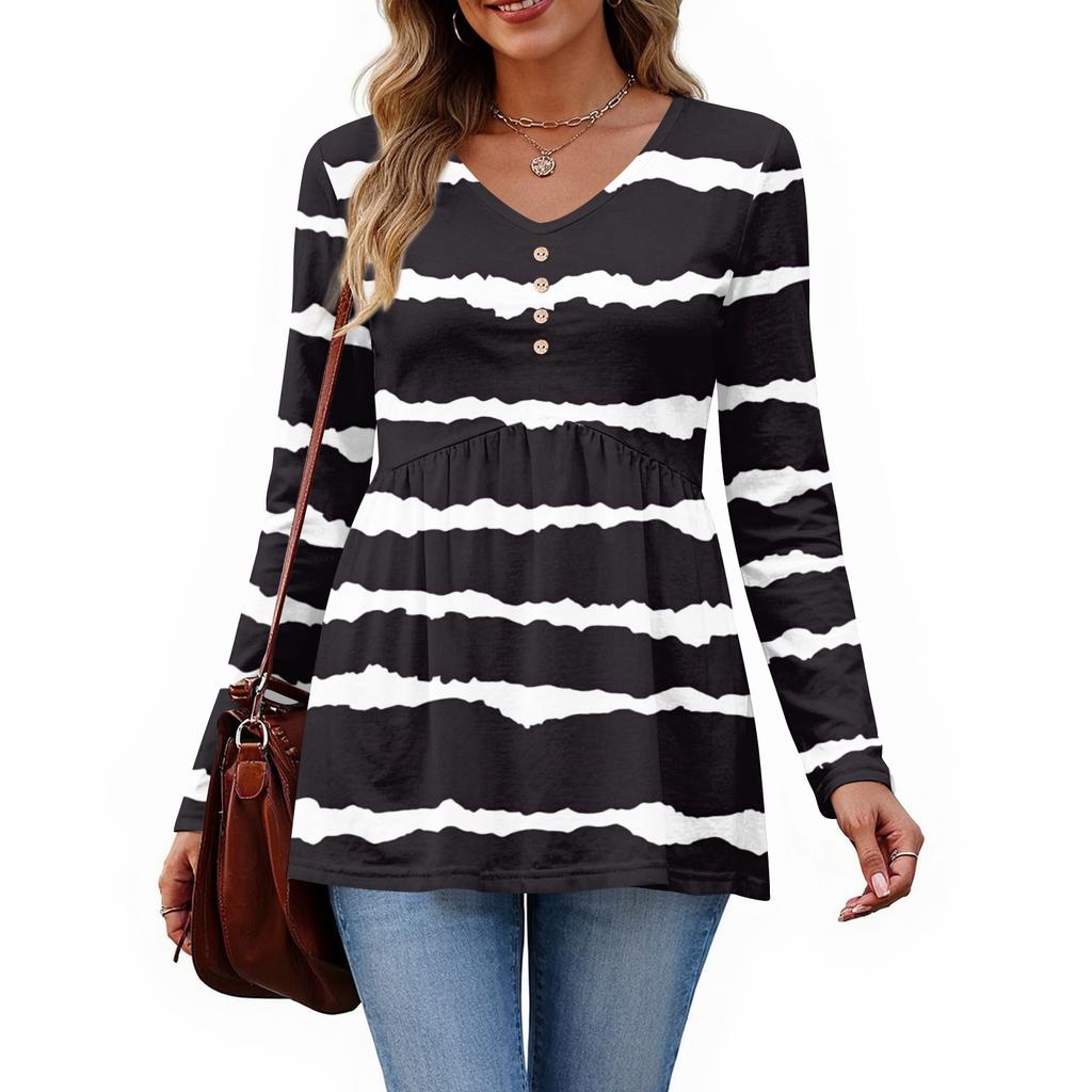 Women's Casual Fashion V-Neck Button Striped Long Sleeve Top