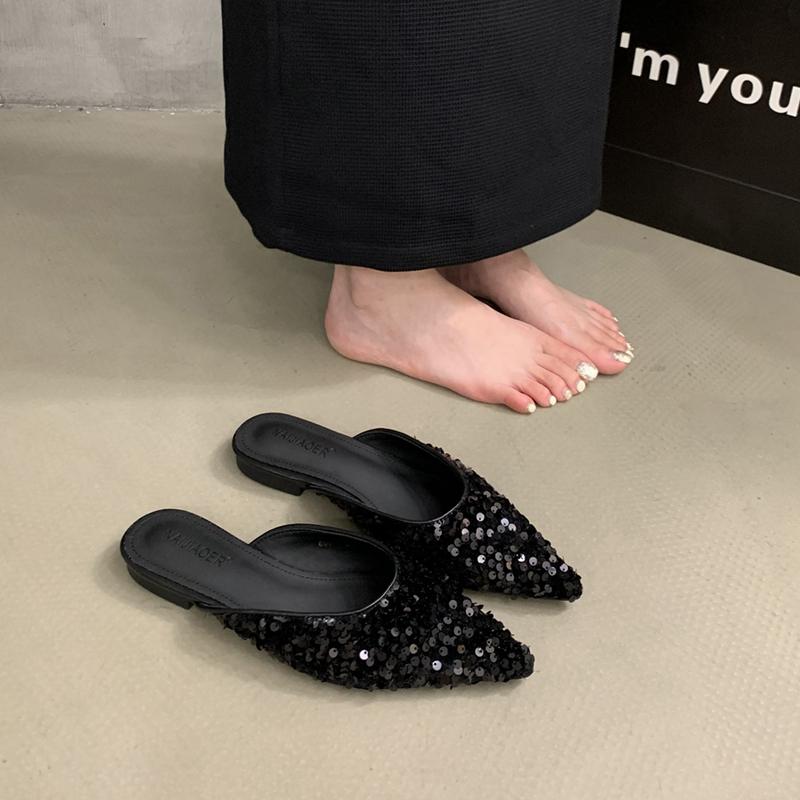 Fashion SUOJIALUN 2025 New Bling Women Sandal Fashion Pointed Toe Shallow Slip On Ladies Elegant Slingback Shoes Med Heel Pumps Shoes