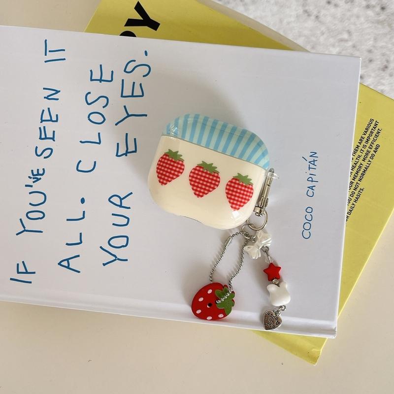 Blue Stripe Cute Plaid Pattern Three Strawberries With Charm Pendant Earphone Case Cover for AirPods 1 or 2 3 4 Pro 2 Pro 3