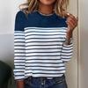 2025 Women's Long-sleeved T-shirt Striped Two-color Printed Spliced O-neck Fashion Top Basic Casual Tees