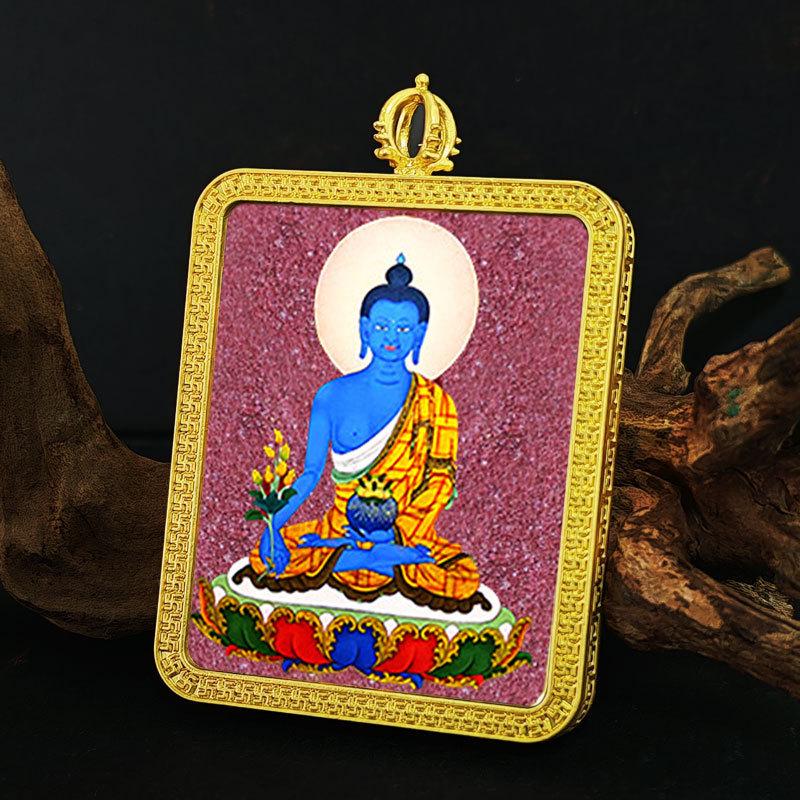 Zodiac Cinnabar Thangka Pendant - Eight Guardian Deities Amulet Box (Samantabhadra & Manjushri)