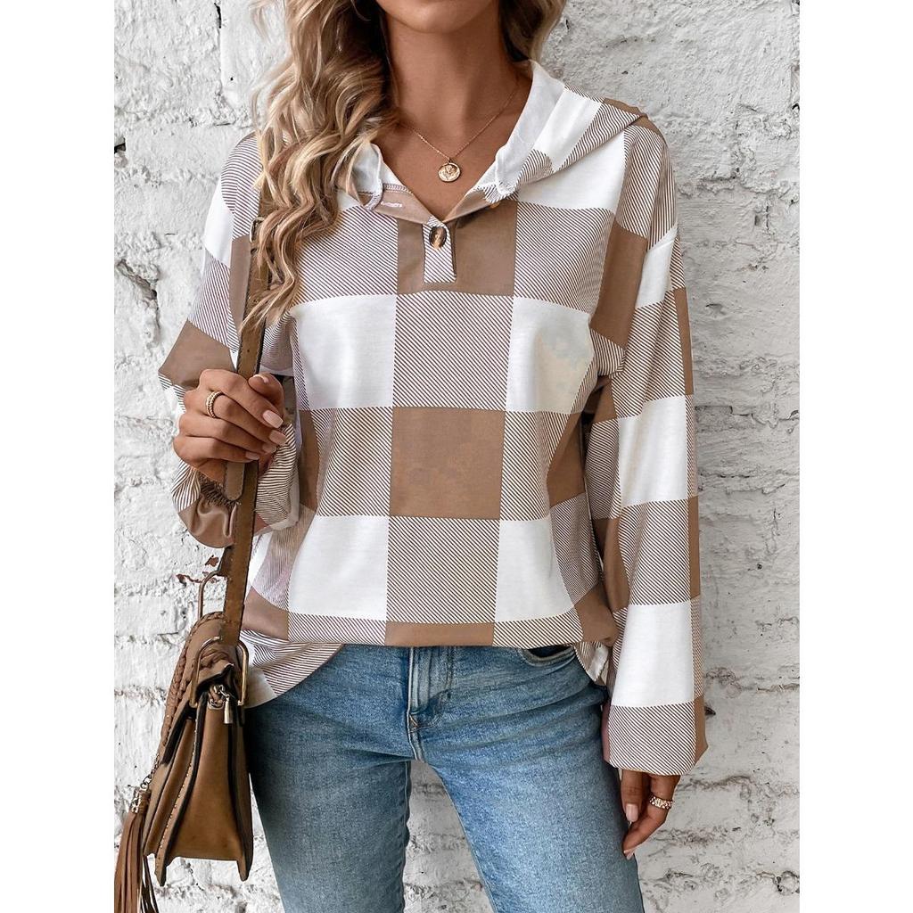 New Women's Oversized Hooded Plaid Print Casual Sweatshirt Long Sleeve Autumn Winter Button