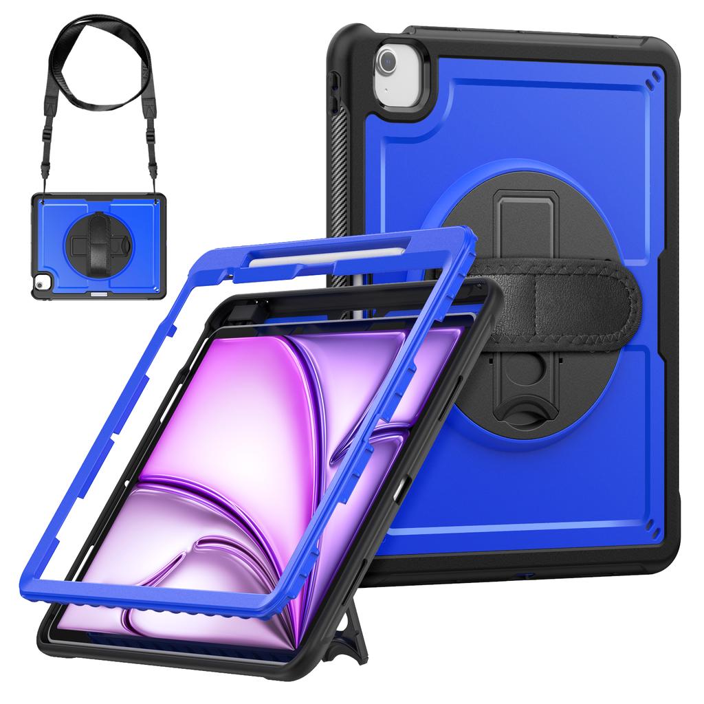 For iPad Air 13 (2025) M3 A3268/(2024) M2 Case Kickstand PC + TPE Tablet Cover with Hand Strap and Shoulder Strap