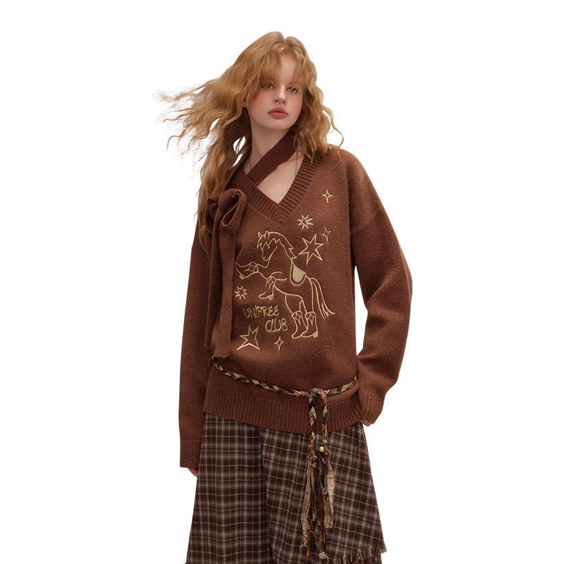 UNIFREE V-Neck Animal Pattern Loose Sweater