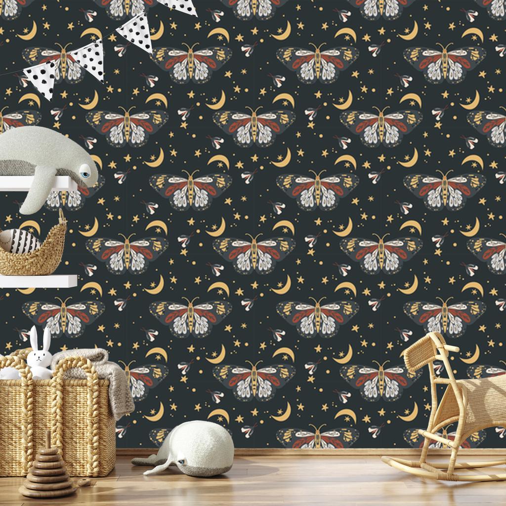 Rainbows and Butterflies Boho Wallpaper, Turquoise and Graphite, for Living Room and Bedroom, 50x1000