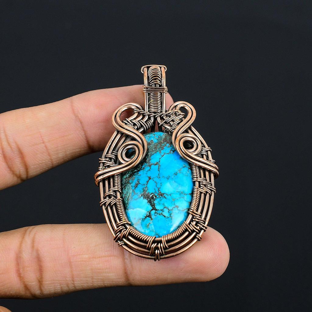 Tibetan Turquoise Pendant, 999 Copper Wire Wrapped Gemstone Jewelry, Handmade Pendant, For Thanksgiving