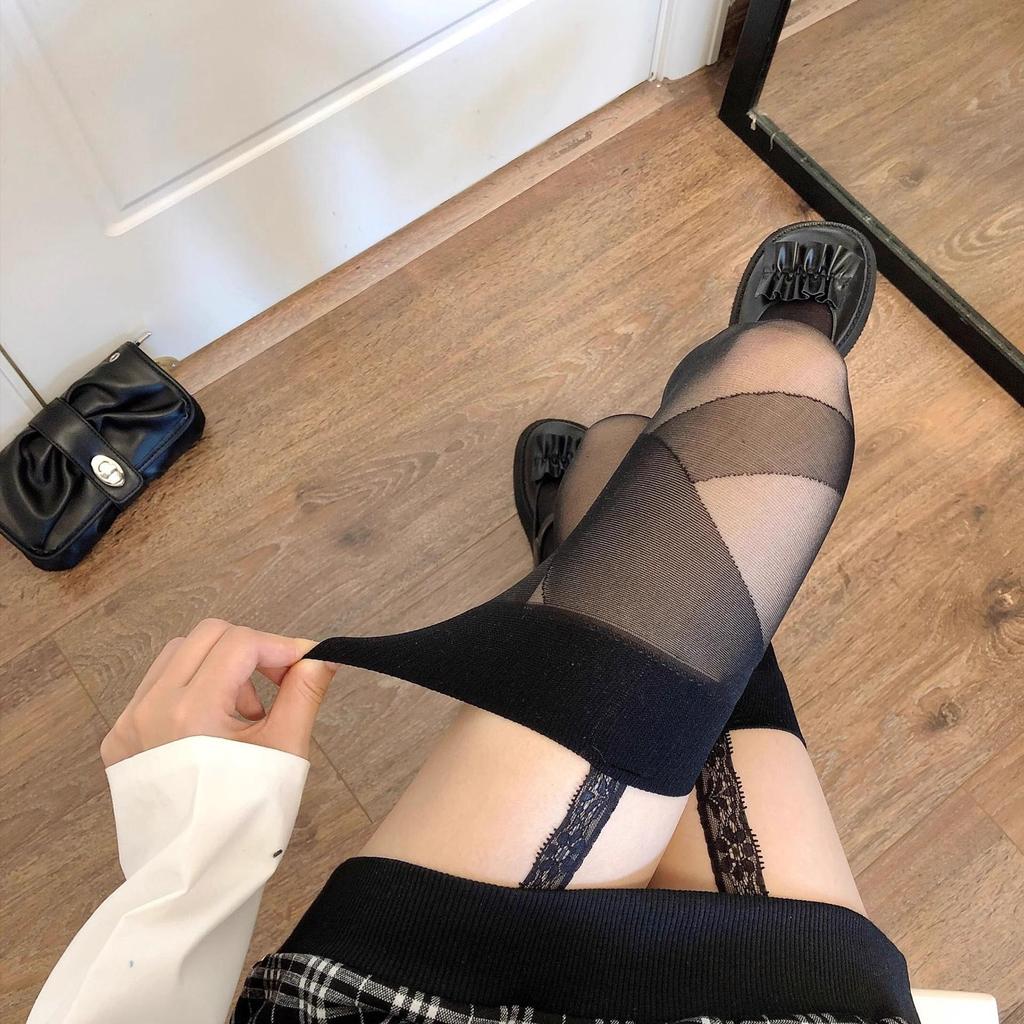 Damen Over-the-Knee Schwarze Strümpfe mit Trägern - Weiße Einteiler Strumpfhose