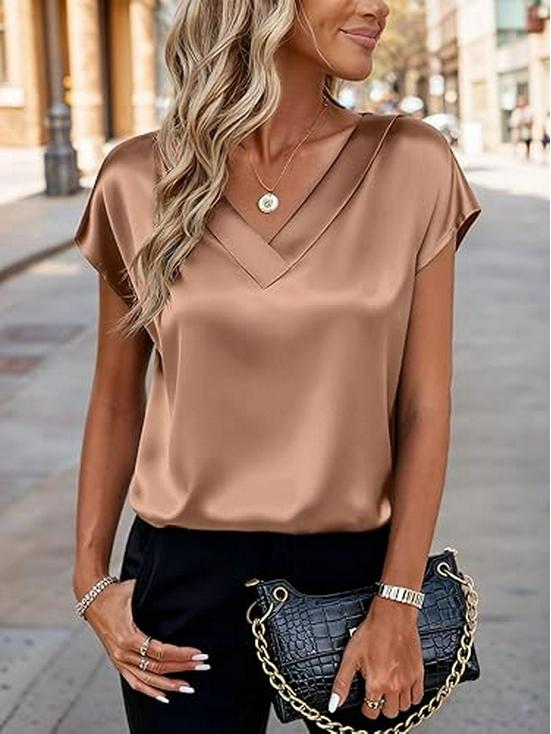 Women's Solid Color Satin V-Neck T-Shirt - Spring/Summer Casual Business Top