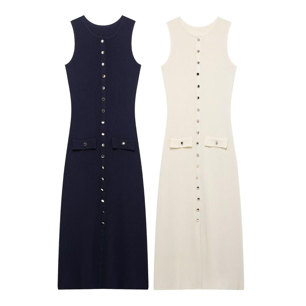 2025 Spring Women's European & American Slim Knit Sleeveless Single-Breasted High-Waisted Dress