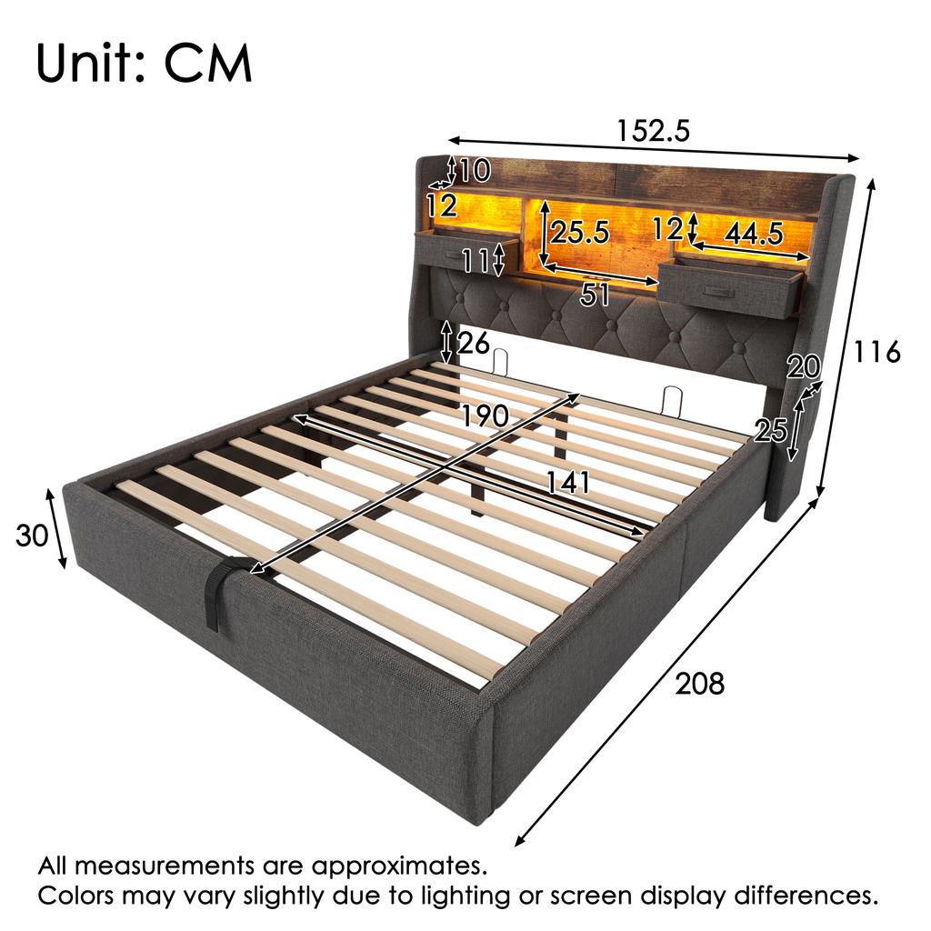 Upholstered Bed 140x190 cm with Hydraulic Storage & LED Headboard, 4 Charging Station, Double Bed, Slatted Frame, Grey Linen Fabric (Without Mattress)