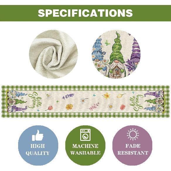 Hello Spring Gnomes Green Buffalo Plaid Table Runner 72 Inches Long, Gnome Decorations for Home, Burlap Spring Easter Floral Table Decor for Kitchen