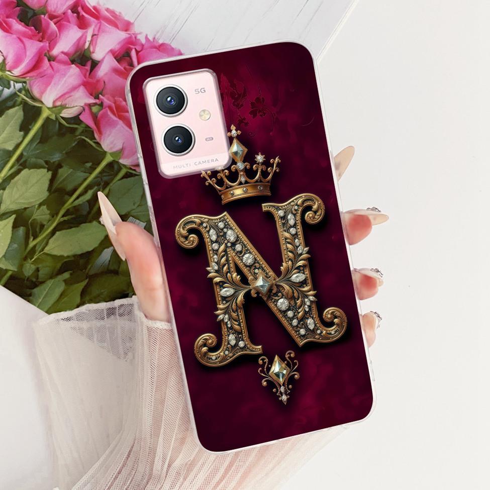 For Vivo Y33s 5G Case Cover Transparent Luxury Crown A-Z Letters 2D Flat Pattern Soft Phone Case For Vivo V2166A