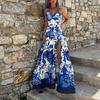 Chic European and American Women's V-Neck Long Dress with Sexy Print, Pleated Waist, and Strappy Design