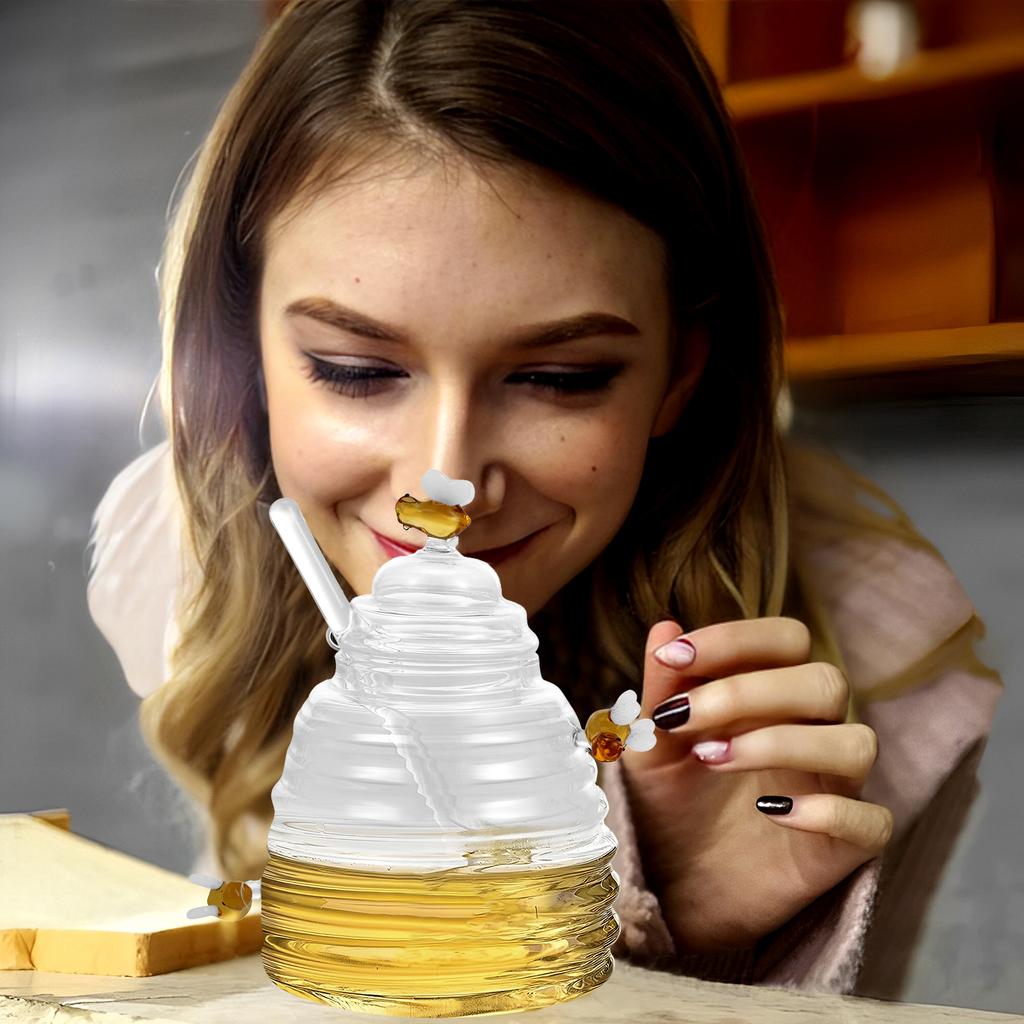 Honey Jar Clear Glass Honey Dispenser with Dipper Stick and Lid Large Capacity Honey Bottle Cute Decorative Honey Container