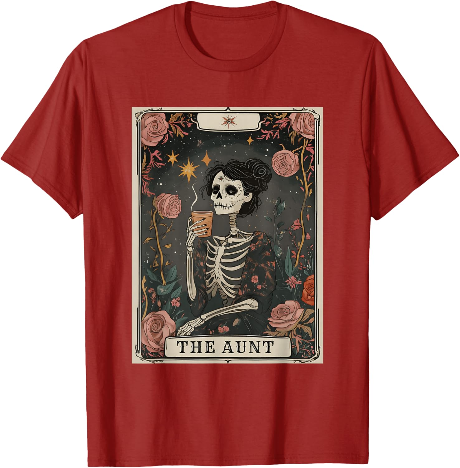The Aunt Skeleton Tarot Card Coffee Lover Graphic Tee Short Sleeve Casual Cotton T-Shirt for Women S