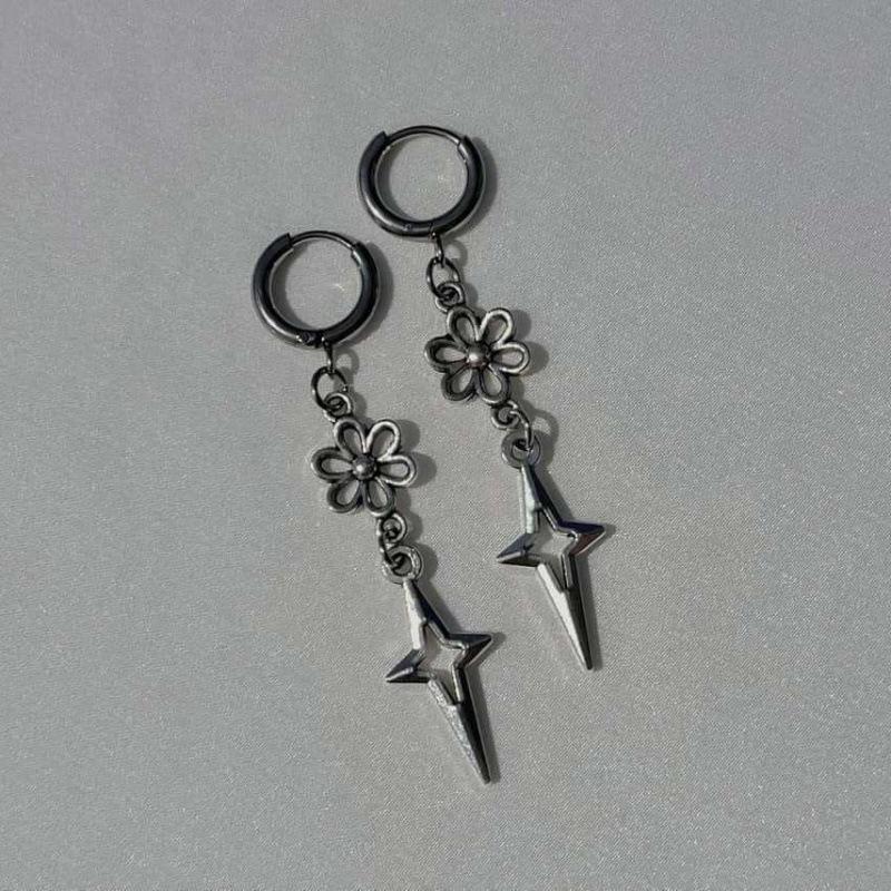 Cross Flower Star Earrings - Hypoallergenic Y2K Gothic Punk Silver Pendant, Nickel-Free