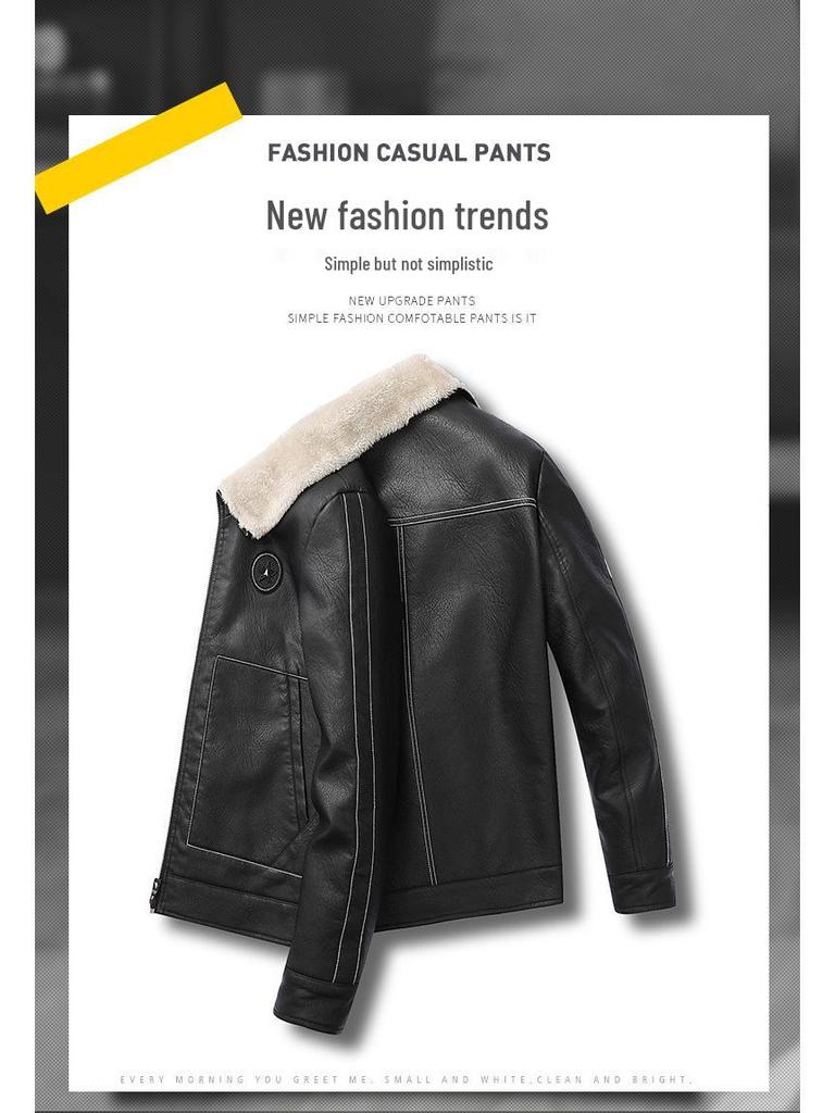 Men's Winter PU Leather Motorcycle Jacket with Lambswool Lining - Korean Style, Windproof, Thickened
