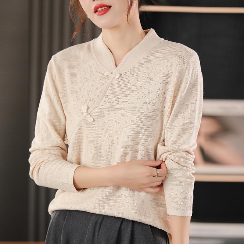 New Medium and Retro Buckle Sweater Women's Diagonal Placket Stand-up Collar Solid Color Temperament Bottoming Knitted Sweater Women