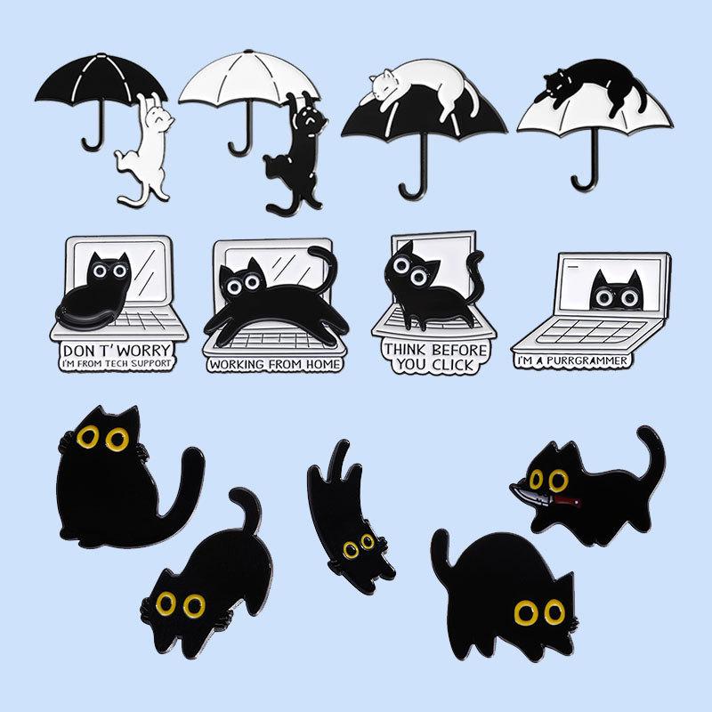 Cartoon Black Kitten Brooch Set: Cute Animal Accessory Collection