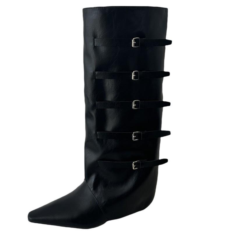 Niche Design Edition~ French Spice Girls Pointed High Heel Pants Boots Women's Retro Belt Buckle Long Wedge Heel Knight Boots