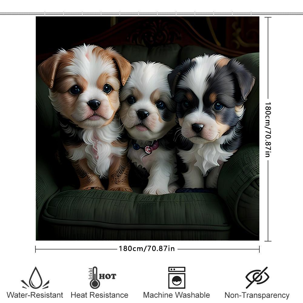 3D Hd Printed Cute Puppies Shower Curtain Luxury Waterproof Pet Design Bathroom Decor Green Couch Background (Size: 180Cm X 259C