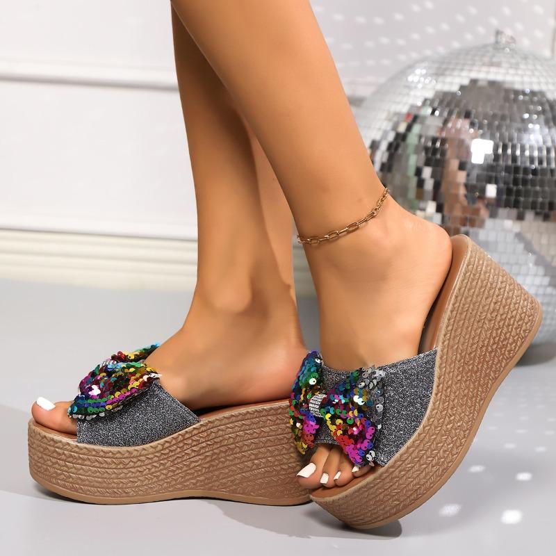 Fashion 2025 Summer Plus Size Women's Slippers New Fashion Outdoor Butterfly-knot Casual Sequins Best Seller Non-Slip Platform Slippers