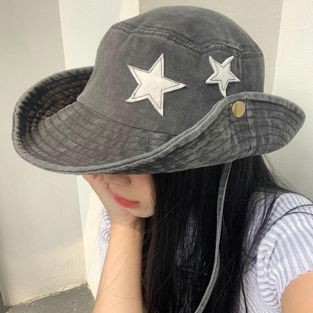 Windproof Vintage Washed Denim Hat Wide Brim Sunscreen Western Cowboy Hats Five-pointed Star Embroidery Drawstring Adjustable
