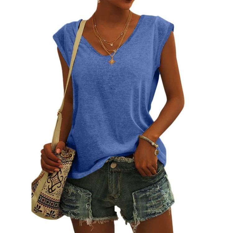 Women Fashion Casual V Neck Loose T-Shirt Solid Color Short Sleeve Top